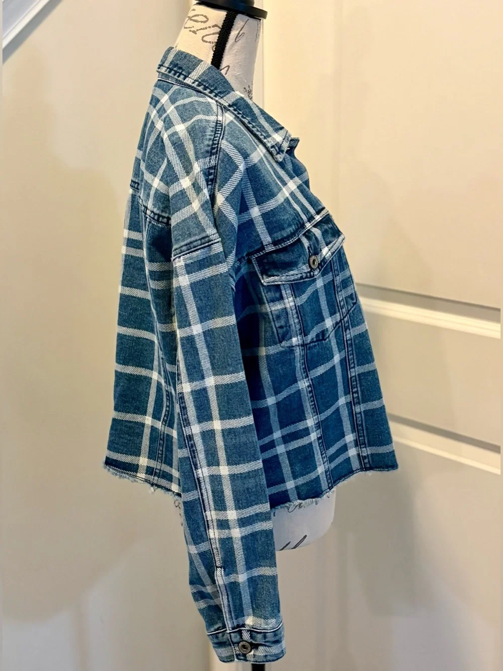 Lior Paris Plaid Denim Jacket Large Frayed Hem Button Front Shacket Blue